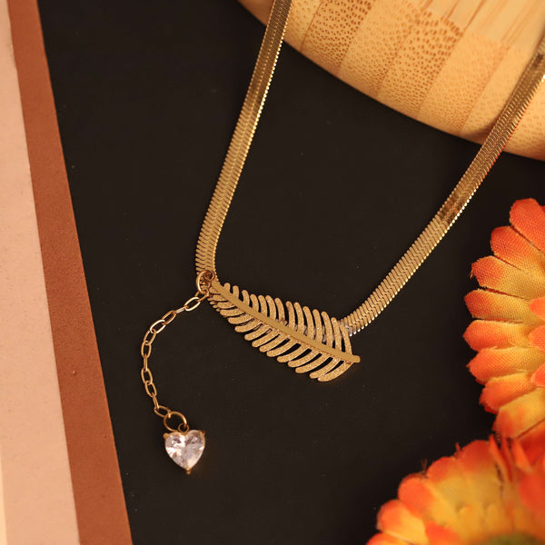 Golden Feather Pendant Necklace with Heart Crystal Drop
