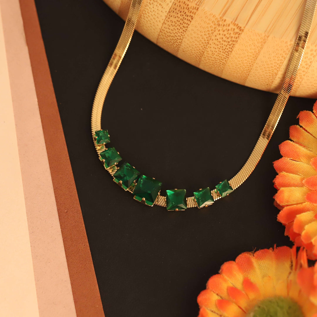 Golden Emerald-Cut Stone Statement Necklace