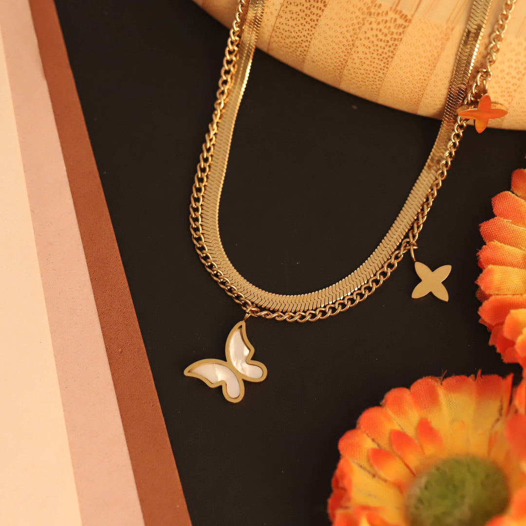 Golden Triple Layer Butterfly Charm Necklace