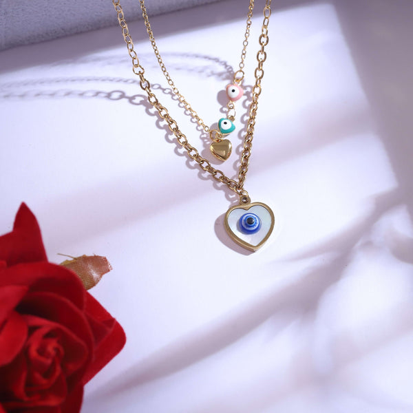 Heart Evil Eye Layered Necklace & Heart Stud Earrings Set