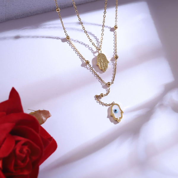 Golden Hamsa Hand Layered Necklace Set