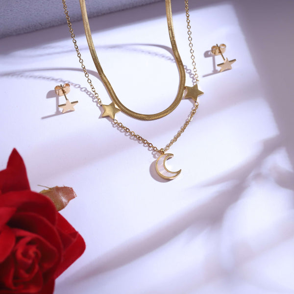 Celestial Shine Moon & Star Layered Necklace with Matching Earrings