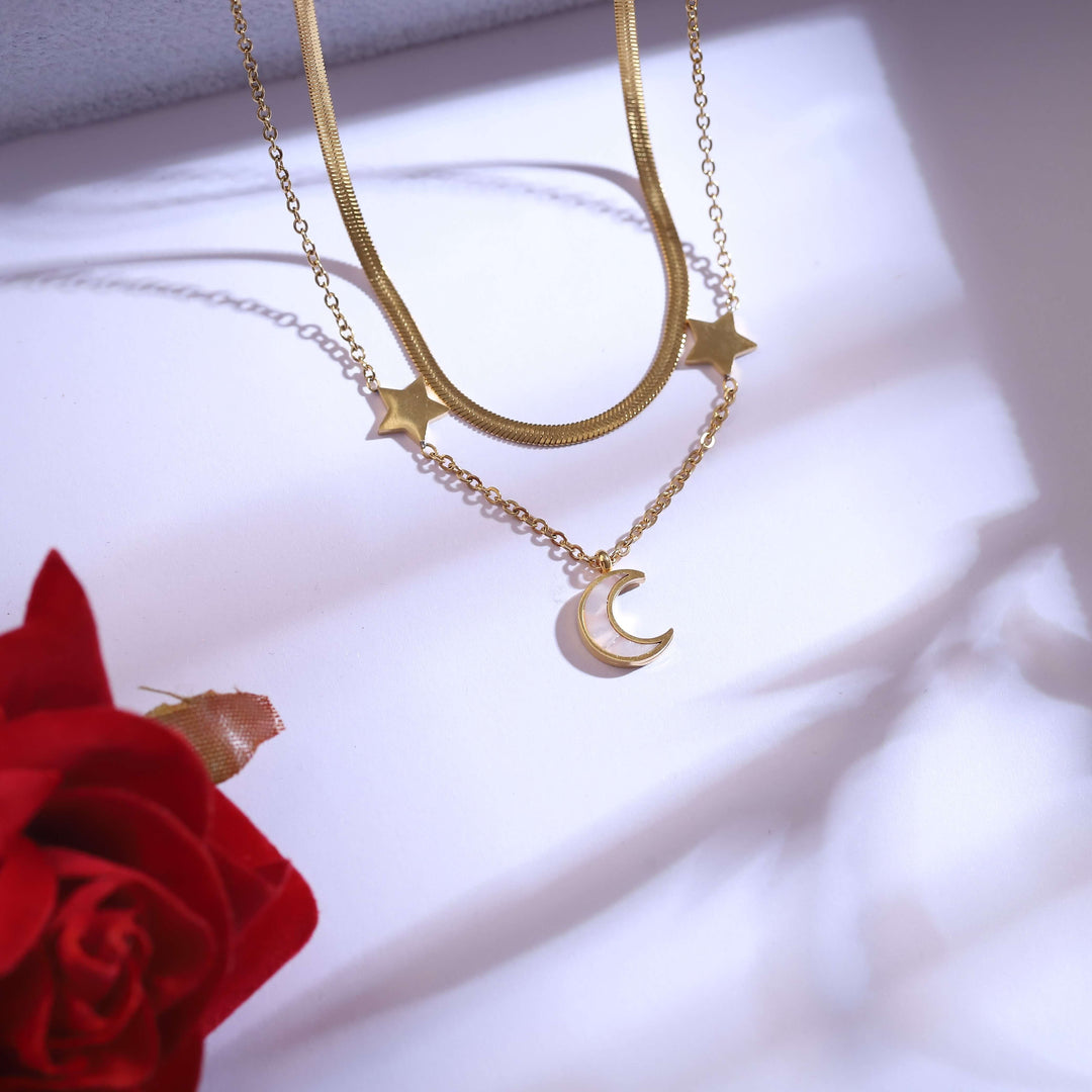 Celestial Shine Moon & Star Layered Necklace with Matching Earrings