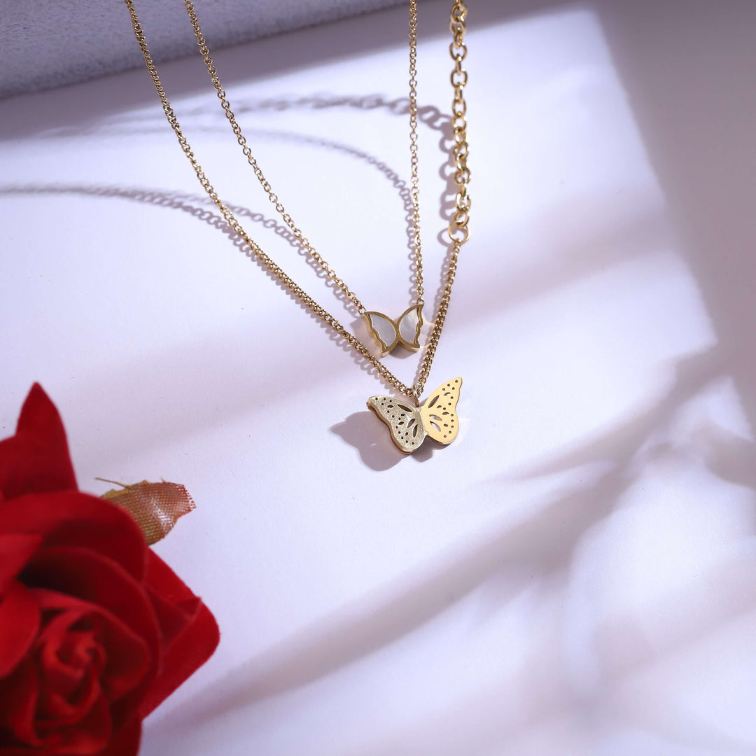 Elegant Double-Layer Butterfly Necklace & Earring Jewelry Set – Gold Plated