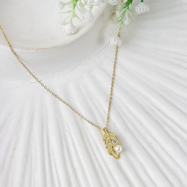 Gold Leaf Necklace with Pearl Accent