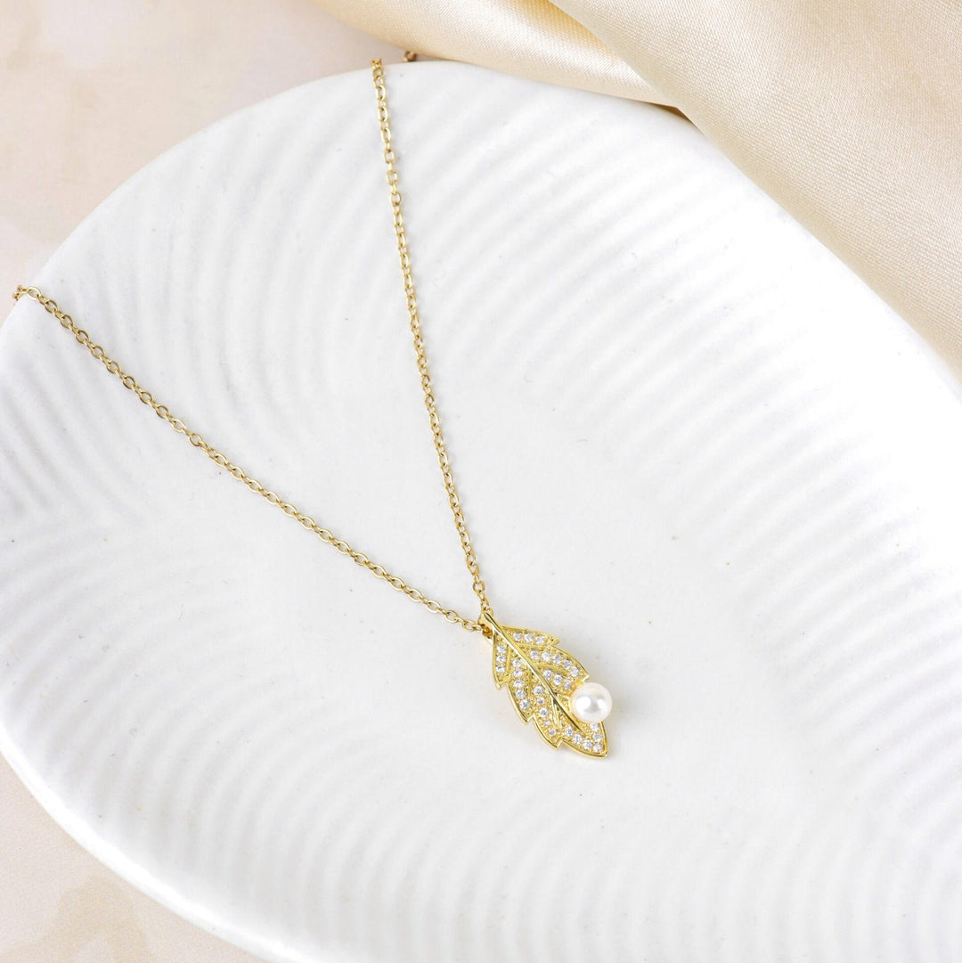 Gold Leaf Necklace with Pearl Accent