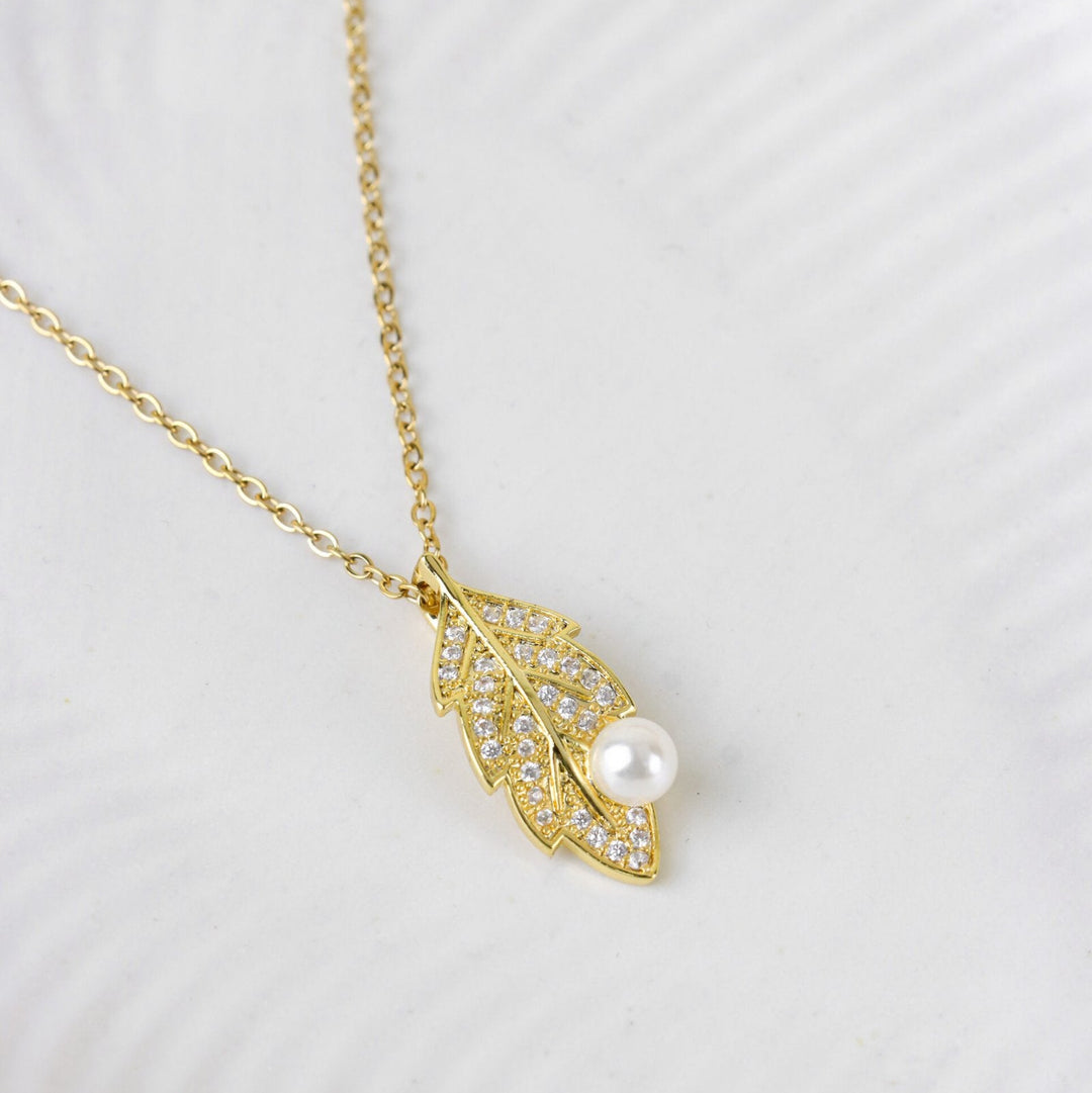 Gold Leaf Necklace with Pearl Accent