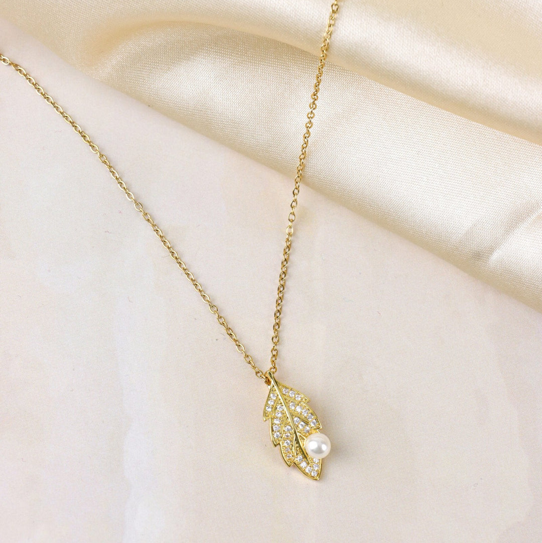Gold Leaf Necklace with Pearl Accent
