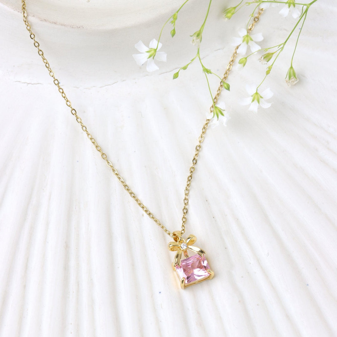 Pink Gemstone Bow Pendant Necklace