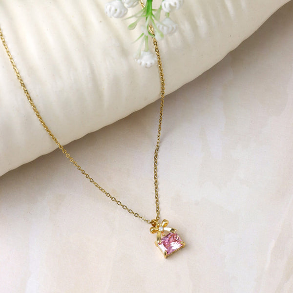 Pink Gemstone Bow Pendant Necklace