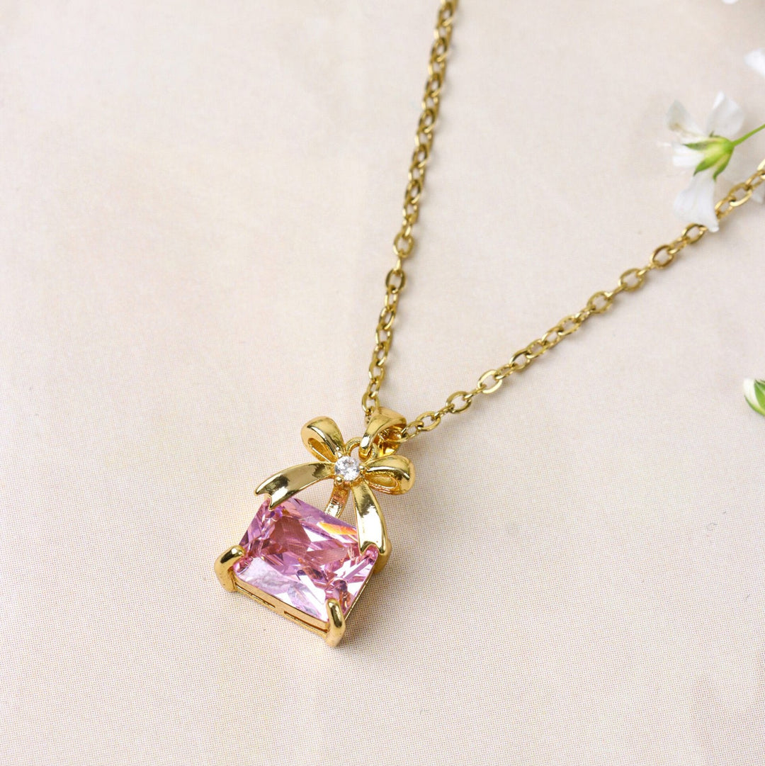 Pink Gemstone Bow Pendant Necklace