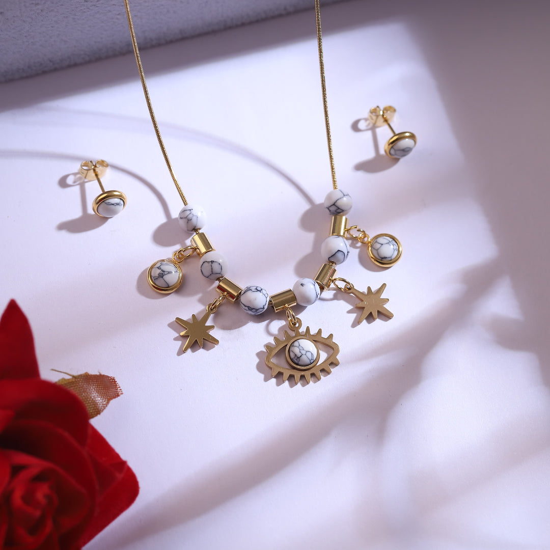 Mystic Eye Charm Necklace Set with White Marble Beads