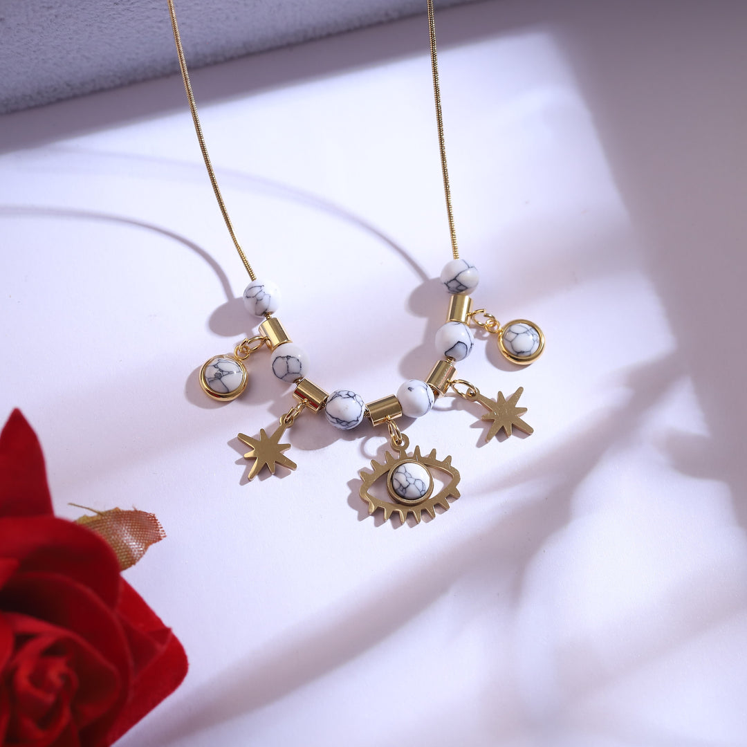 Mystic Eye Charm Necklace Set with White Marble Beads