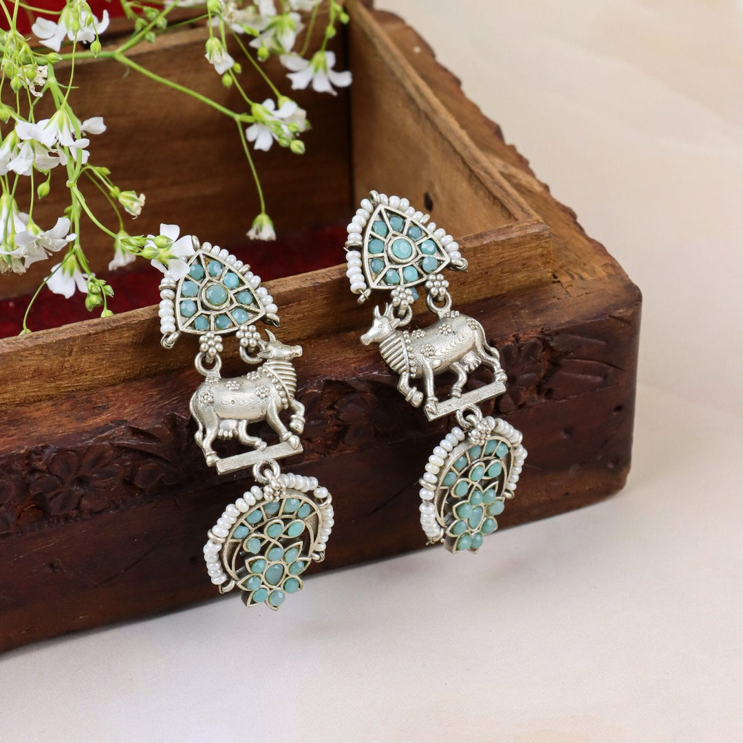 Turquoise Stones Earrings with Cow Motif