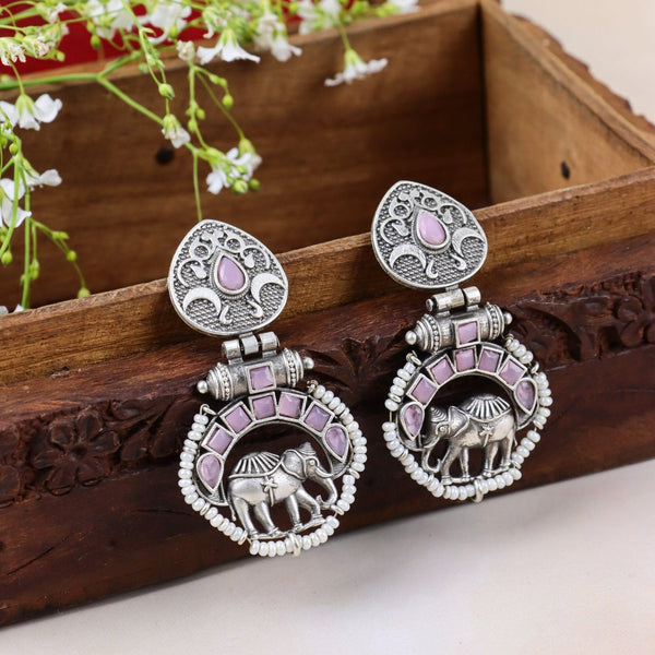 Pink Stones Earrings with Elephant Motif