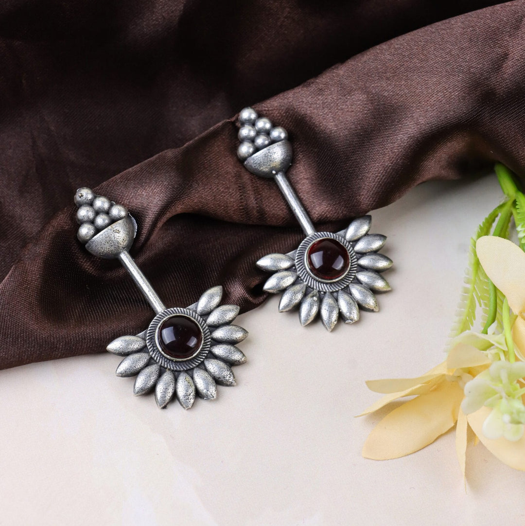 Sunflower Stud Earrings with Red Stone