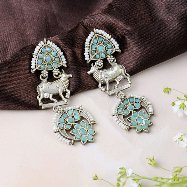 Turquoise Stones Earrings with Cow Motif