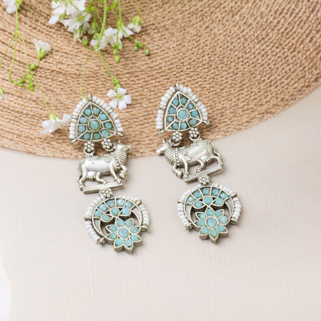 Turquoise Stones Earrings with Cow Motif
