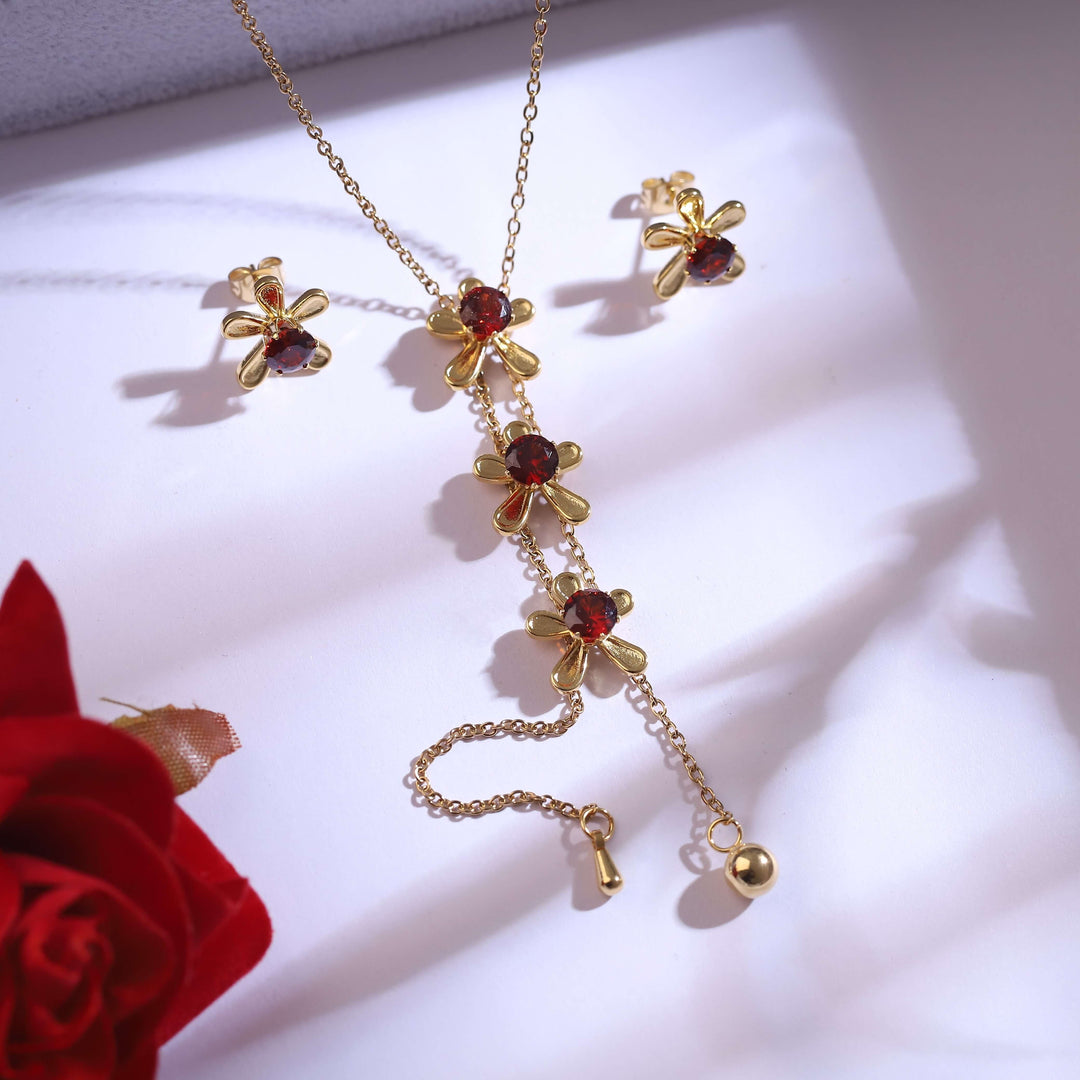 Golden Blossom Red Stone Jewelry Set