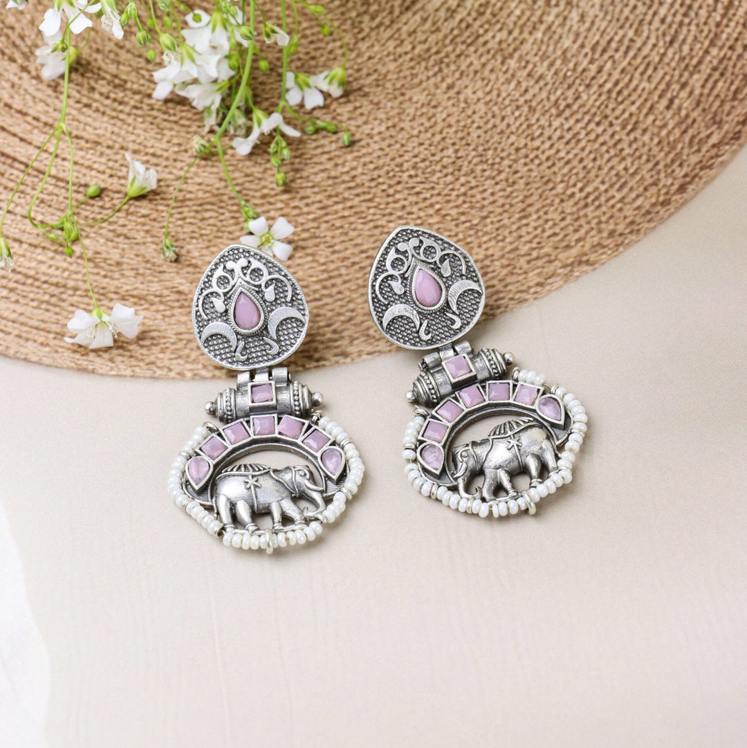 Pink Stones Earrings with Elephant Motif