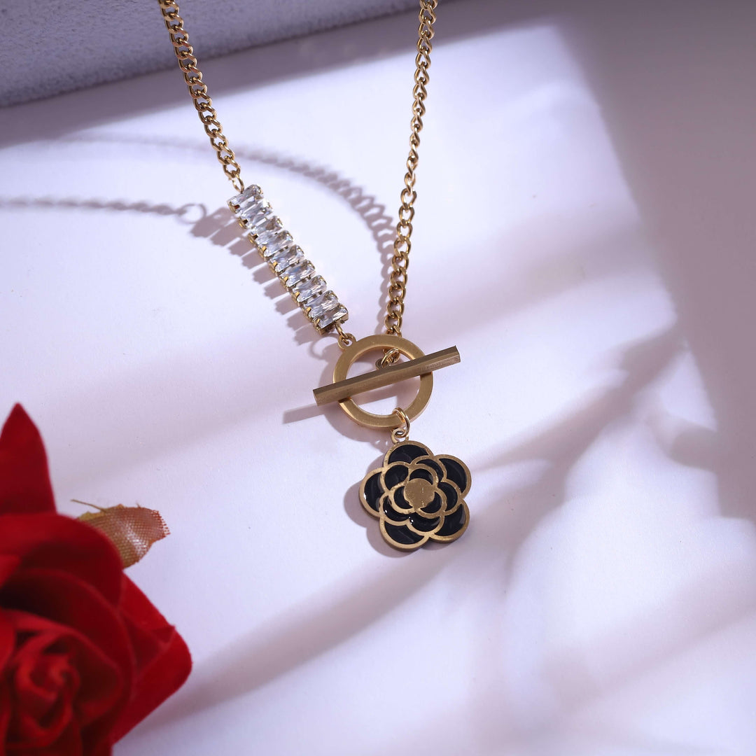 Black Enamel Floral Pendant Necklace & Cloud Stud Earrings Set