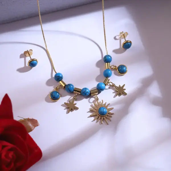 Golden Sunburst & Star Charm Necklace Set with Blue Beads