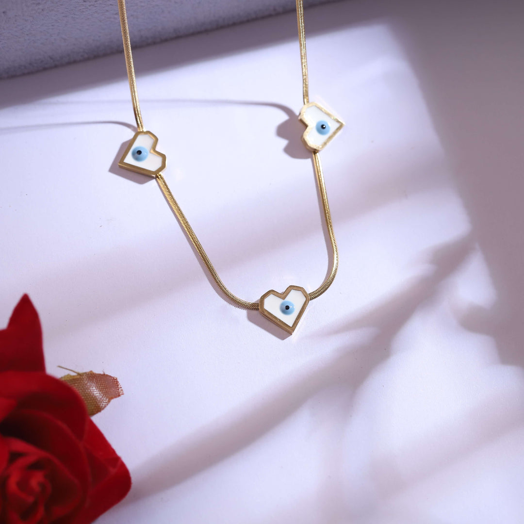 Heart Evil Eye Necklace & Earrings Set – White Enamel Gold Plated Anti-Tarnish