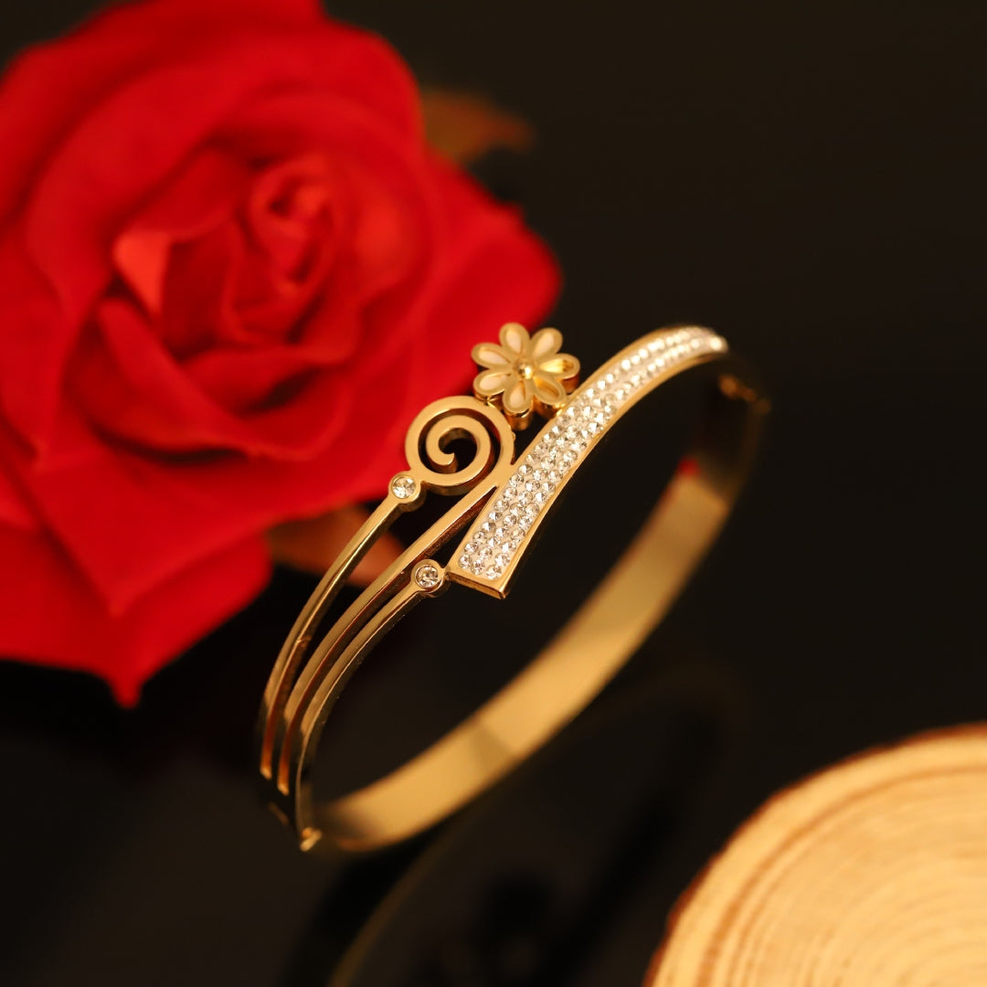 Floral Swirl CZ Designer Bangle – Anti Tarnish Gold Plated