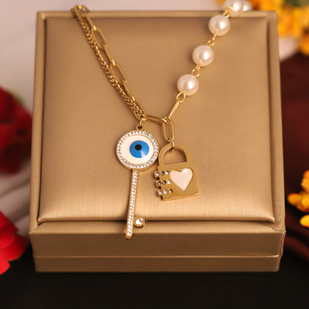 Evil Eye Lock & Key Pearl Chain Necklace