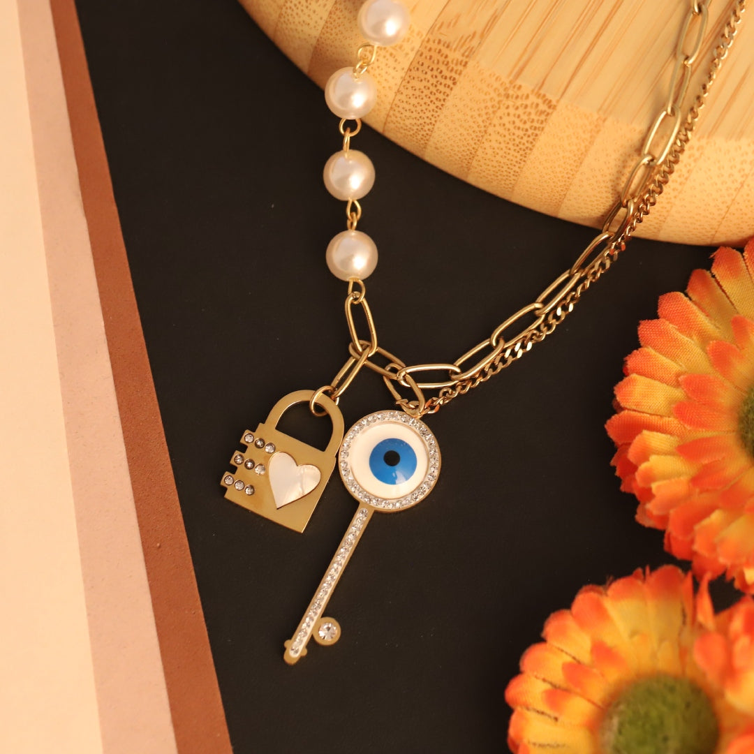 Evil Eye Lock & Key Pearl Chain Necklace