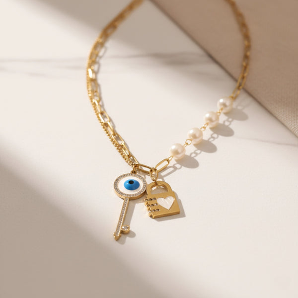 Evil Eye Lock & Key Pearl Chain Necklace