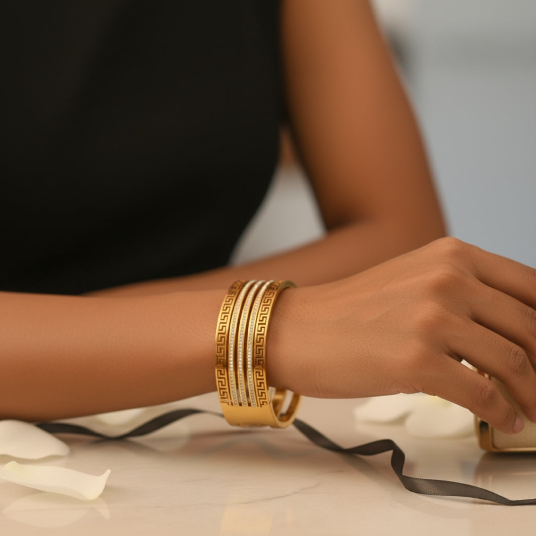 Greek Key Luxe CZ Bangle – Anti Tarnish Gold Plated