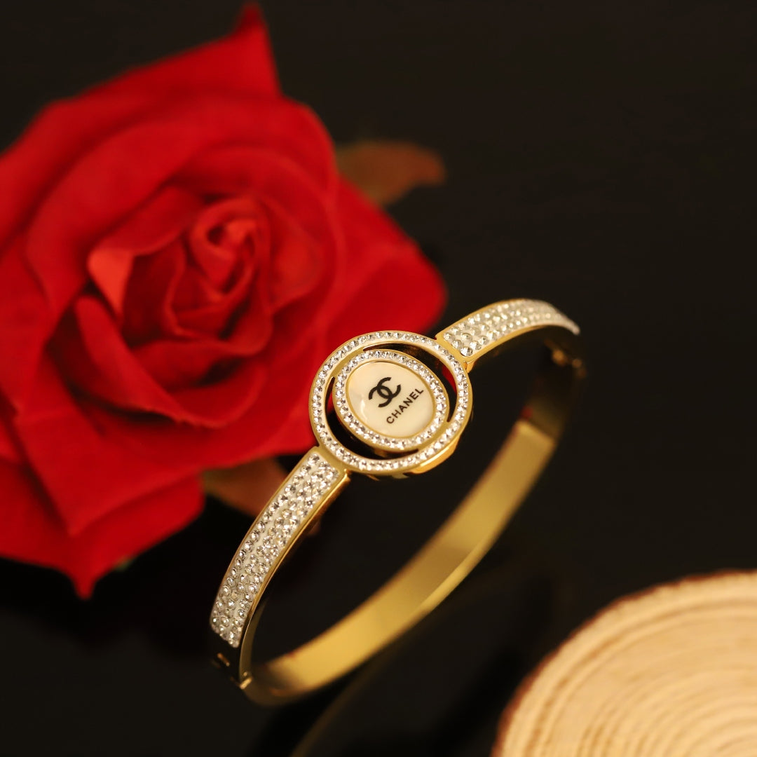 Luxury White Enamel Crystal Bangle – Anti Tarnish Gold Plated