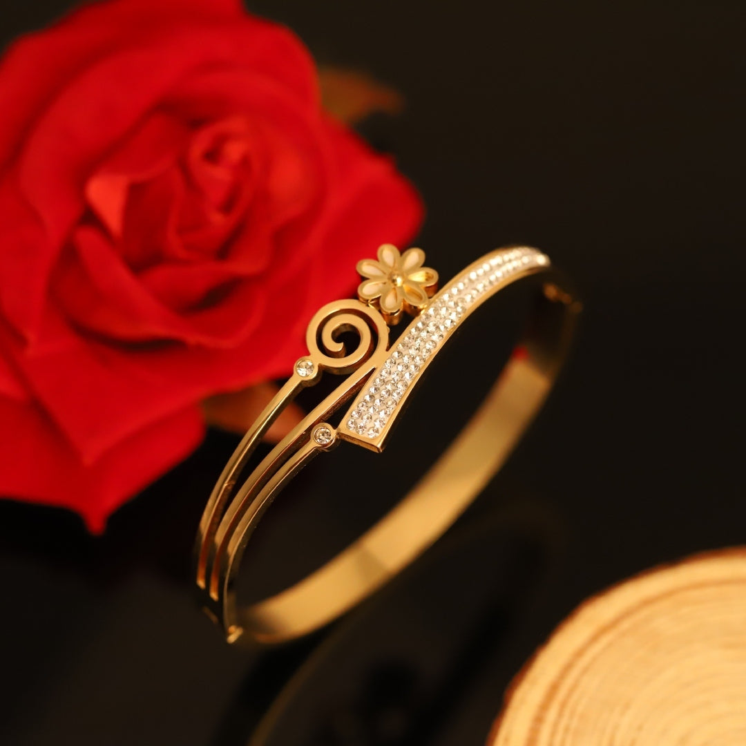 Floral Swirl CZ Designer Bangle – Anti Tarnish Gold Plated