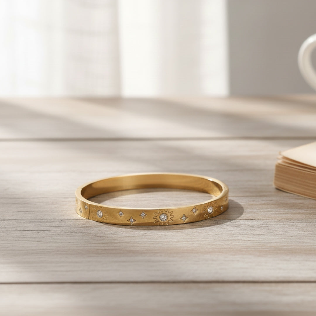 Celestial Sunburst CZ Bangle – Anti Tarnish Gold Plated