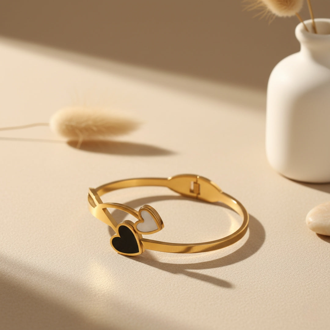Dual Heart Enamel Bangle – Anti Tarnish Gold Plated