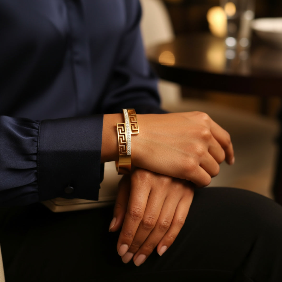 Greek Pattern Luxe CZ Bangle – Anti Tarnish Gold Plated