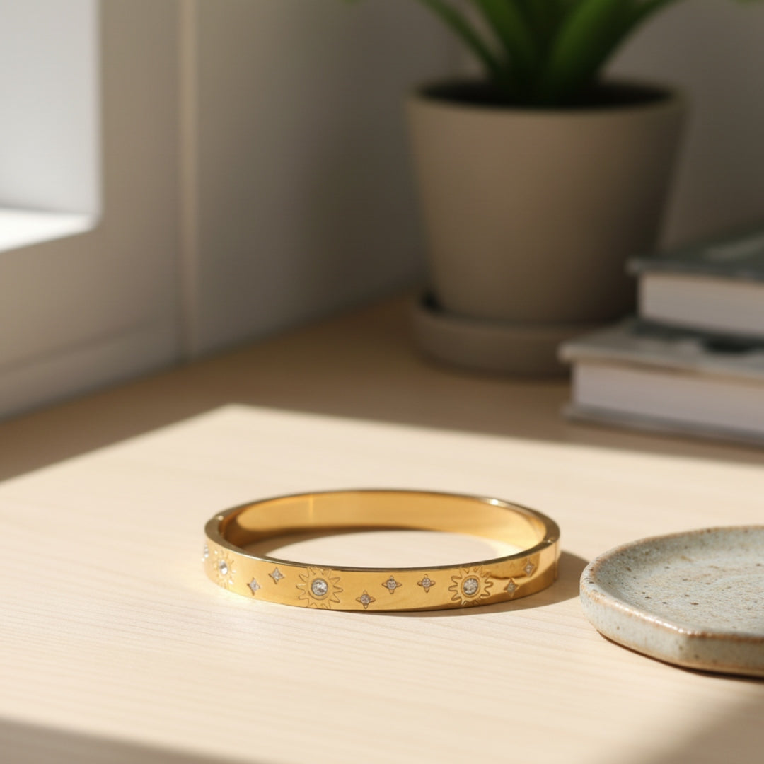 Celestial Sunburst CZ Bangle – Anti Tarnish Gold Plated