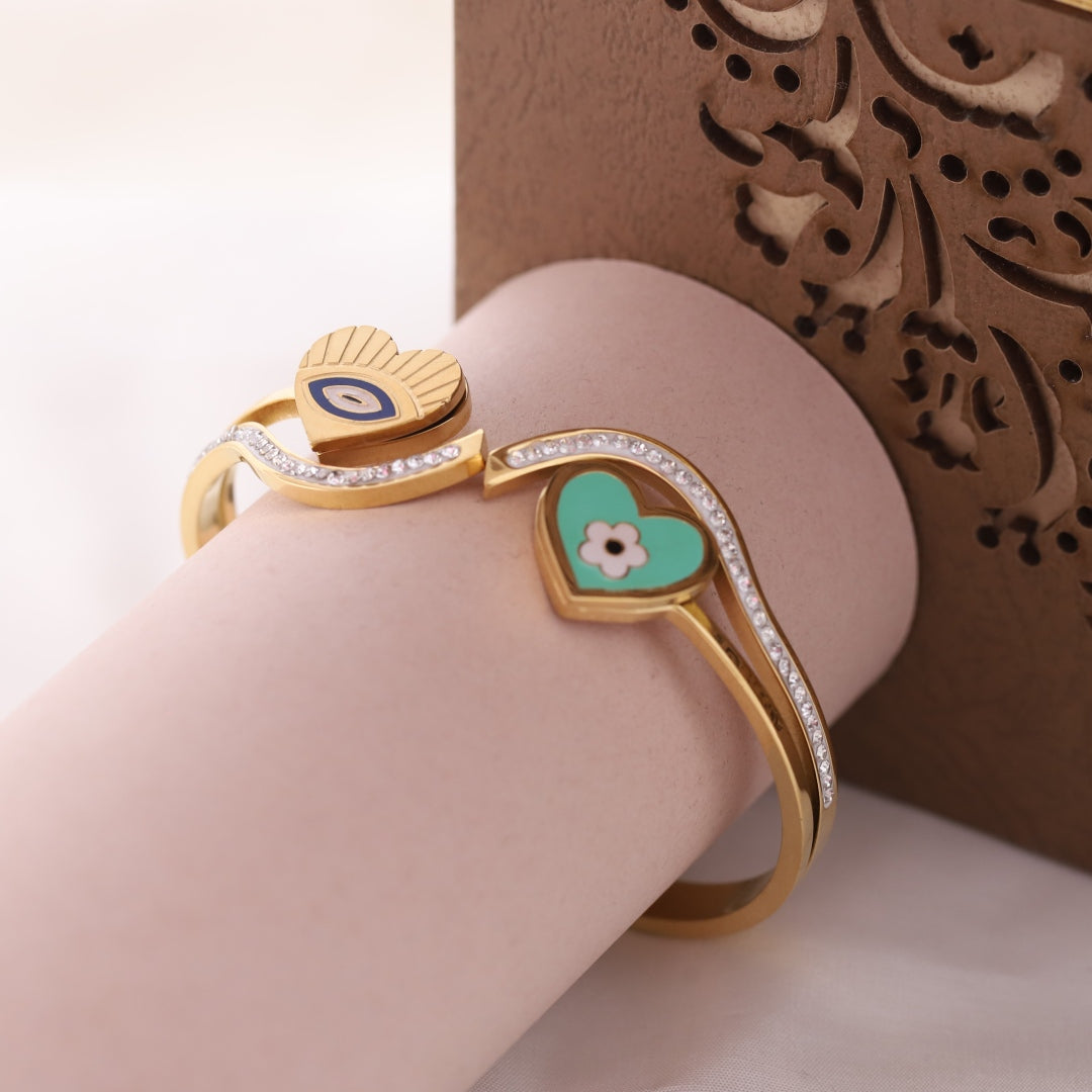 Dual Heart Evil Eye Charm Bangle – Premium Anti-Tarnish Bracelet