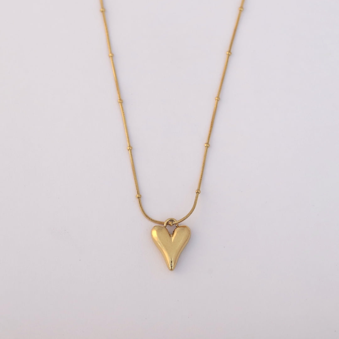 Glossy Gold Puff Heart Pendant Necklace – Anti-Tarnish