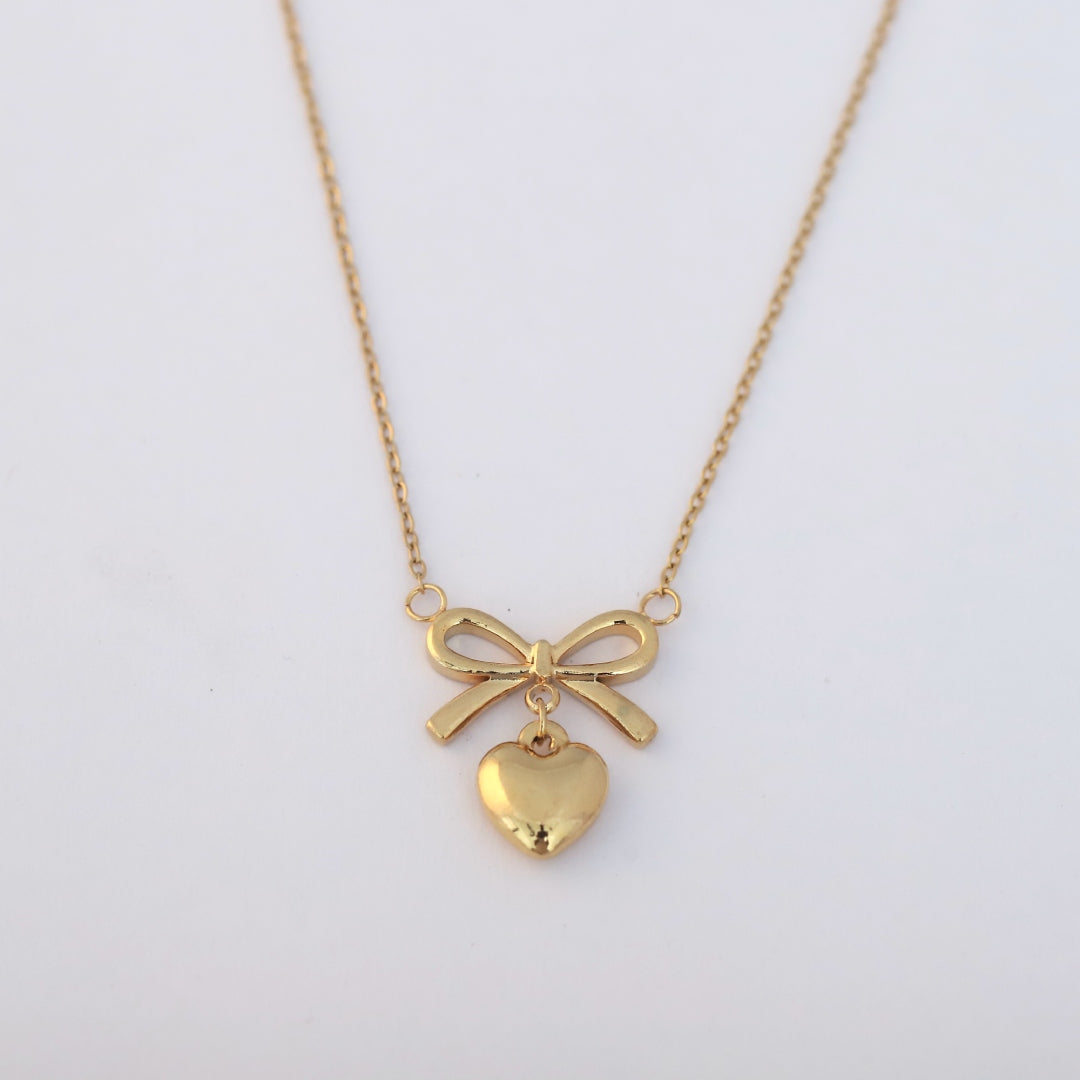 Bow Charm Puffy Heart Pendant Necklace – Anti Tarnish Gold