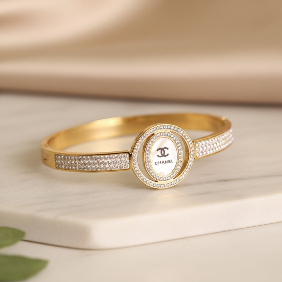 Luxury White Enamel Crystal Bangle – Anti Tarnish Gold Plated