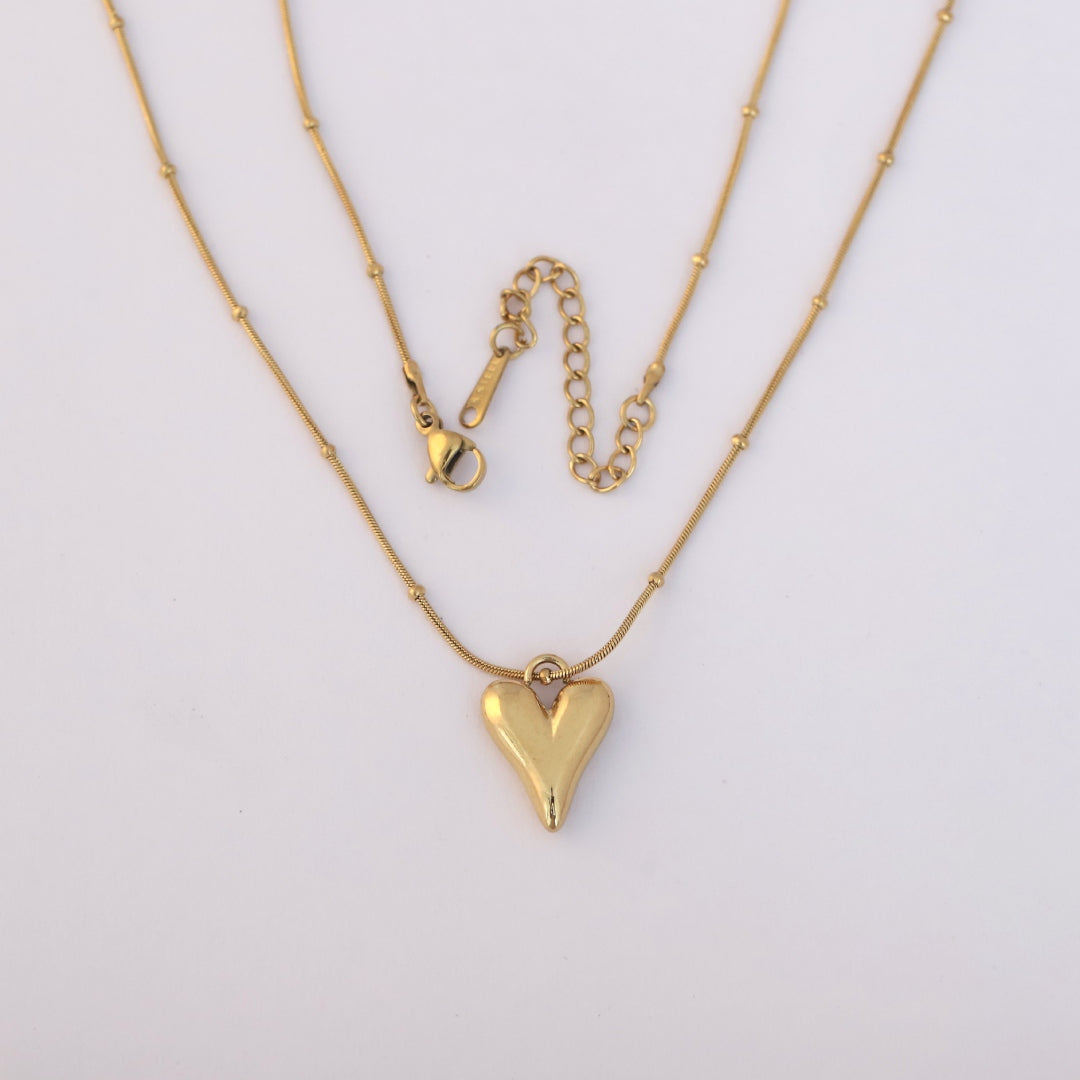 Glossy Gold Puff Heart Pendant Necklace – Anti-Tarnish