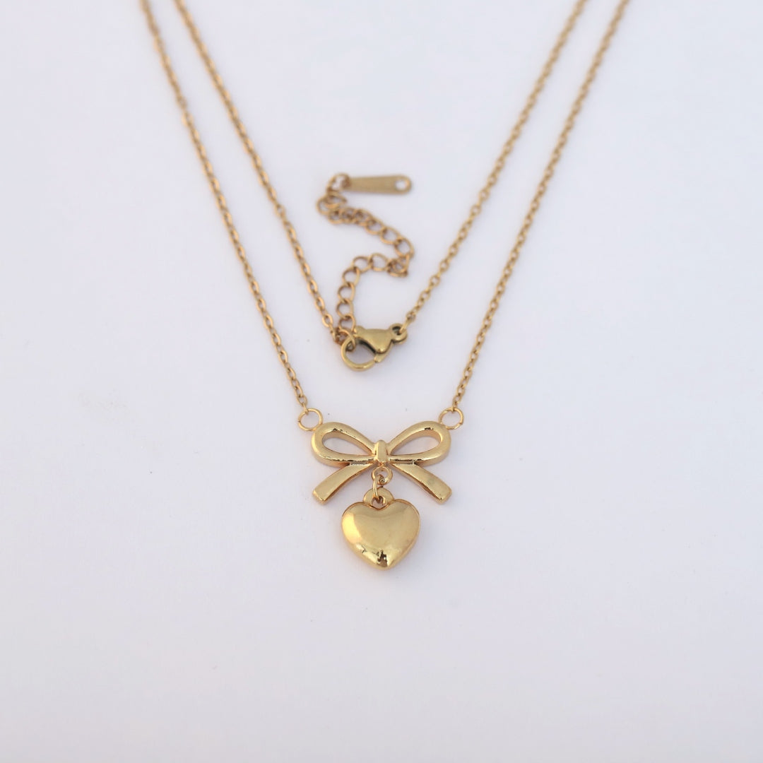 Bow Charm Puffy Heart Pendant Necklace – Anti Tarnish Gold