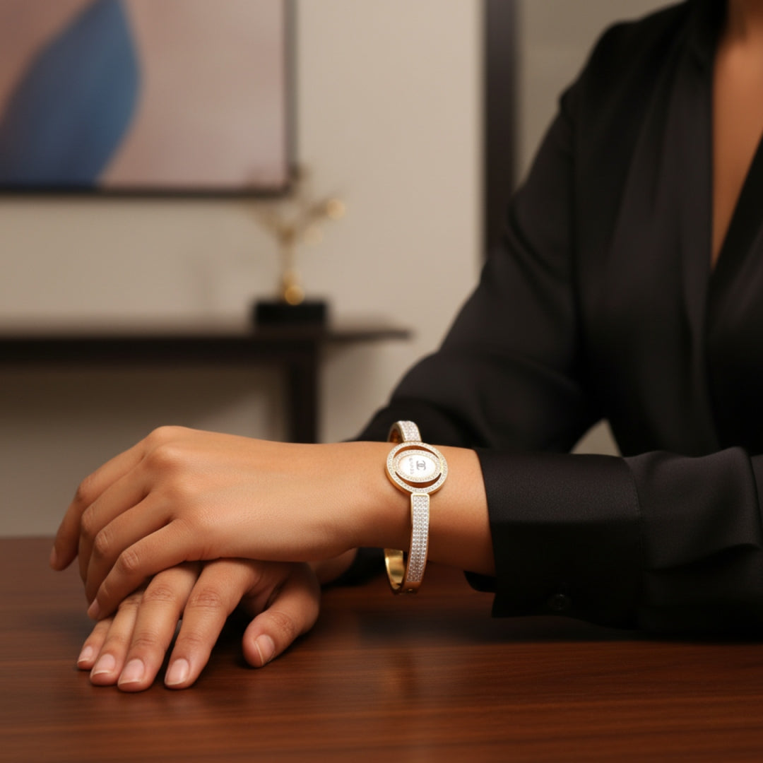 Luxury White Enamel Crystal Bangle – Anti Tarnish Gold Plated
