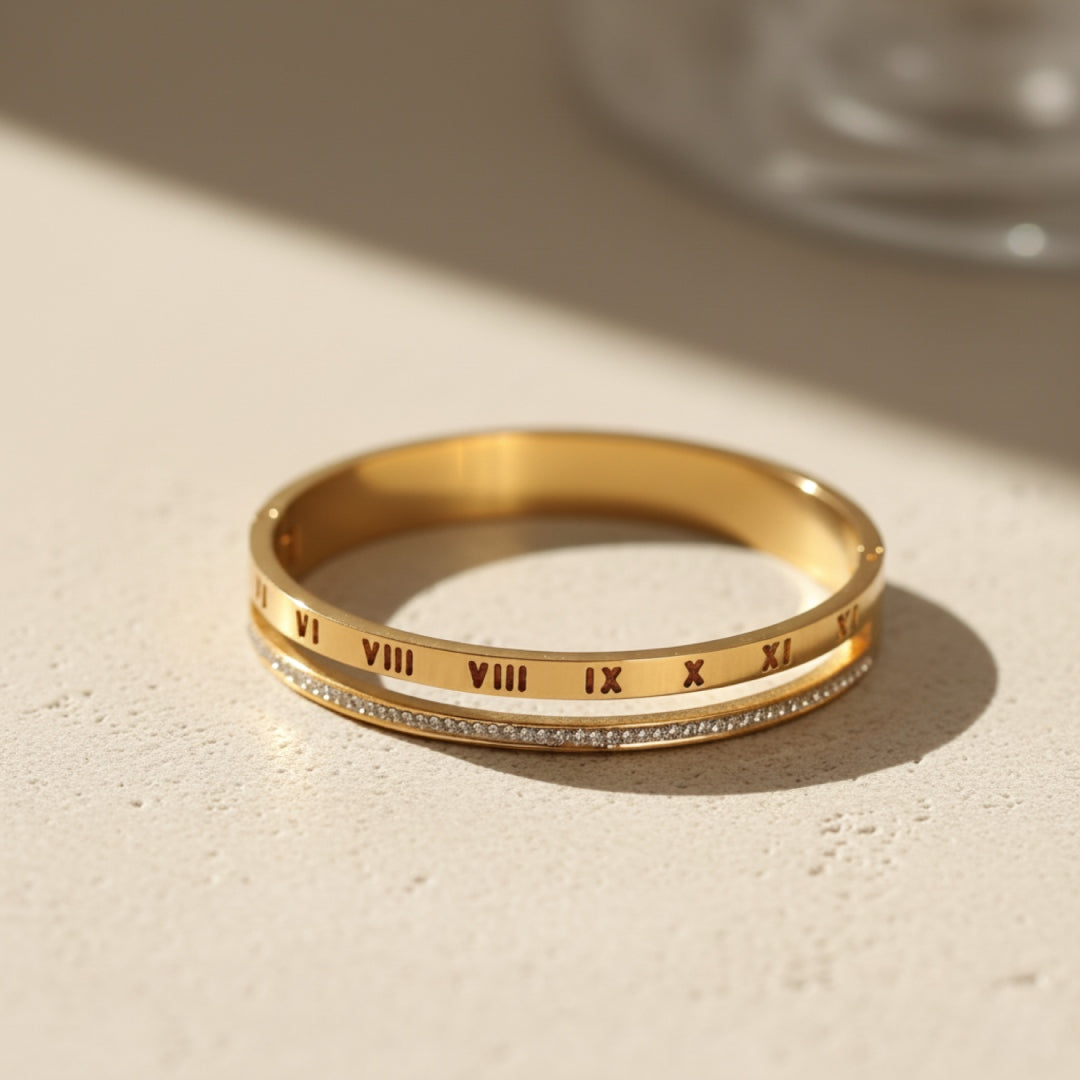 Roman Numeral Luxe Bangle – Premium Anti-Tarnish Gold Bracelet