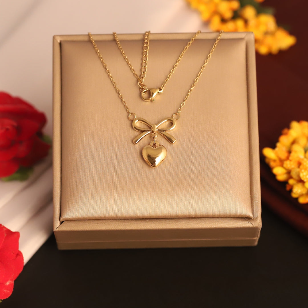 Bow Charm Puffy Heart Pendant Necklace – Anti Tarnish Gold