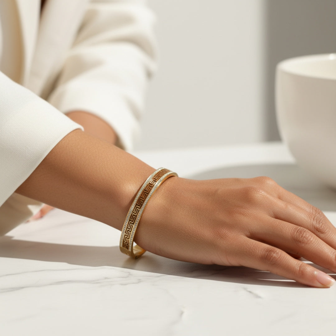 Greek Elegance CZ Border Bangle – Premium Anti-Tarnish Gold Plated