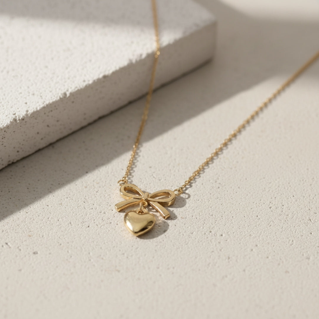 Bow Charm Puffy Heart Pendant Necklace – Anti Tarnish Gold