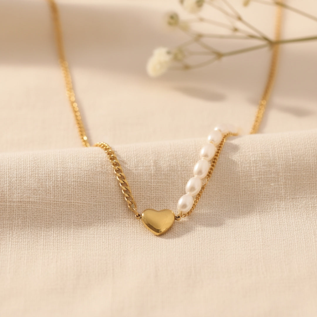 Pearl & Heart Dual Chain Necklace – Anti-Tarnish Luxury